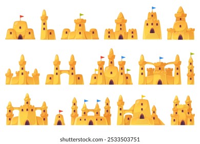 Cartoon sand castles. Summer beach kids games, seashore childish building constructions, sandbox object, fortress with towers, decorative elements for cards and posters, vector isolated set