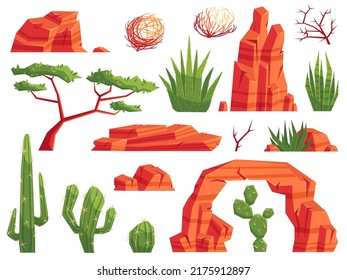 Dibujo y elementos del desierto. Cactús occidentales, algas y plantas de aloe. Rocas de montaña y piedras para el conjunto de vectores del paisaje del valle. Clima de verano seco, acantilados y suculentos