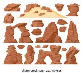 Cartoon sand desert rock, stone canyon landscape elements. Western desert rocks view, nature brown cracked mountain pieces flat vector symbols set. Canyon rock collection