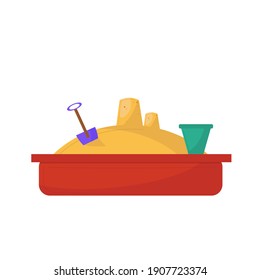 Cartoon sandbox with a bucket and a shovel. Vector illustration isolated on white background.