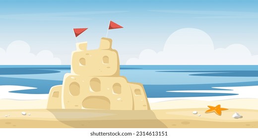 Cartoon sandcastle on beach, Vector illustration.