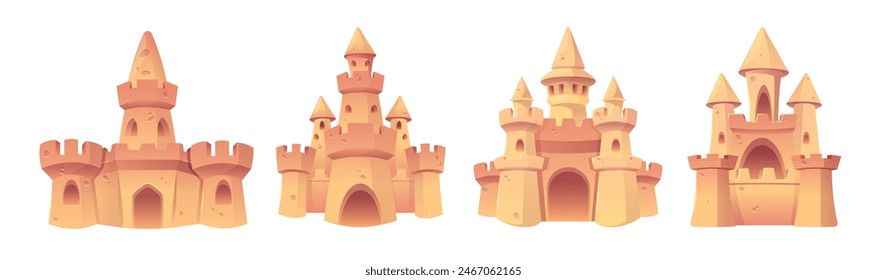 Castillo de arena de la historieta con la torre, la puerta y la ventana para las vacaciones de verano de la playa y los niños juegan concepto. Conjunto de Ilustración vectorial de escultura palaciega hecha de arena de costa amarilla. Elementos de actividades de verano.