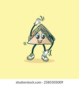A cartoon sandwich character with a cheerful expression is playfully stretching its arms and legs.