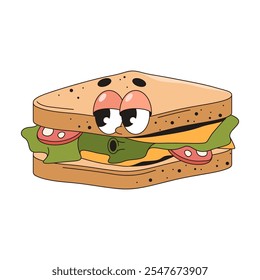 Personaje de sándwich de dibujos animados. Icono de pan de Vector con queso. Etiqueta engomada o símbolo del arte del Pop para la comida de la cocina o la cocina del desayuno. Cómic y símbolo divertido para el menú de la cafetería o libro de cocina. Señal de la cena.