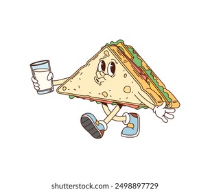 Cartoon sandwich retro groovy breakfast character walking with a glass of milk in hand and smiling. Isolated vector triangular sandwich bread with vegetable fillings, cheerful and animated personage