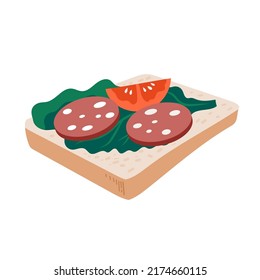 Cartoon sandwich with salami and tomato. Toasted bread 