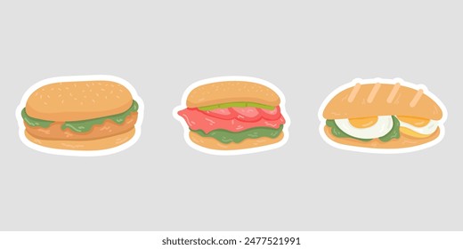 Cartoon sandwich set. Delicious sandwich sticker illustration.