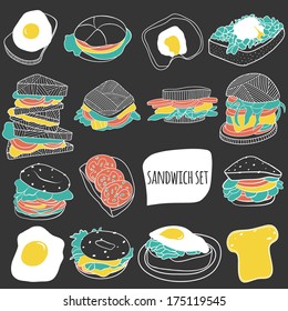 Cartoon sandwich set. Food vector illustration. For kitchen and cafe stuff