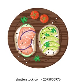 Cartoon sandwiches with fish and avocado on wooden board. Vector illustration.