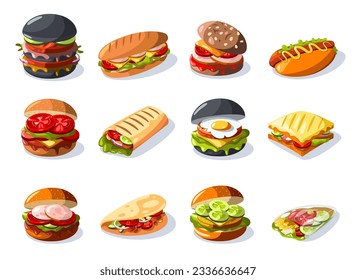 Cartoon sandwiches. Fresh fast food with different fillings, healthy food for snack and lunch. Fastfood icons with cheese tomato and lettuce Vector set of traditional healthy hamburger illustration