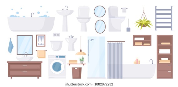 Cartoon sanitary hygiene furnishings of washroom restroom collection with bathtub shower cabin sink toilet mirror faucet washing machine isolated on white. Bathroom furniture vector illustration set