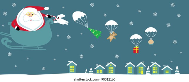 Cartoon Santa with bell in sleight dropping presents with parachutes. Vector svg