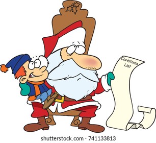 Cartoon Santa With A Boy On His Lap Who Has A Very Long List 