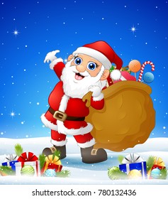 Cartoon santa bringing sack in the winter background with balls