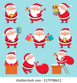 Cartoon Santa character. Christmas cute grandfather Claus jump characters with noel presents box for Xmas holidays greeting card Xmas celebration vector isolated sign set