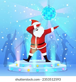 Cartoon Santa character dab dance on Christmas party in club, vector holiday background. Santa dancing dab dance on dancefloor with discoball in spotlight and snow of snowflakes with people silhouette