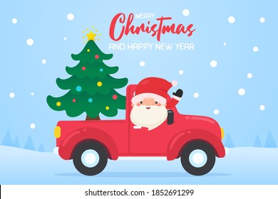 Cartoon Santa clad clerk driving a red car to the Christmas tree delivery service