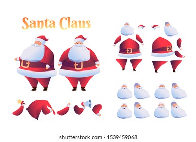 Cartoon santa claus animation set. Winter holiday character creation kit with emotions, gestures and poses. Vector santa body parts, heads.