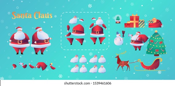 Cartoon santa claus animation set. Winter holiday character creation kit with emotions, gestures. Vector santa with bell, megaphone in hands, reindeer with sled, christmas tree, snowman, present boxes