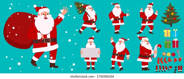 Cartoon santa claus animation set. Winter holiday character creation kit with emotions, gestures. Vector santa with red bag in hands, christmas tree, plaque sign, present boxes