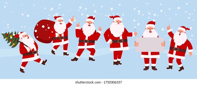 Cartoon santa claus animation set. Winter holiday character creation kit with emotions, gestures. Vector santa with red bag in hands, christmas tree, plaque sign, present boxes