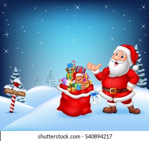 Cartoon Santa Claus with bag full of gift