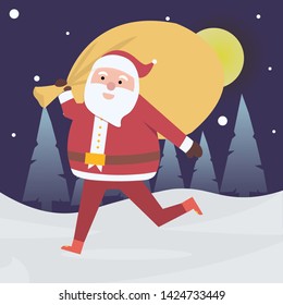 Cartoon santa claus with bag of gifts, postcard, flat design in christmas with backgroound