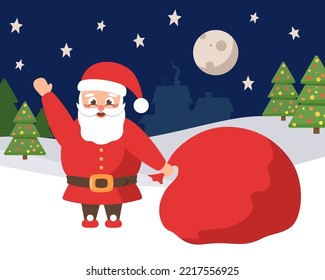 Cartoon Santa Claus with bag of gifts in night winter forest and houses, deep night with moon. Vector illustration