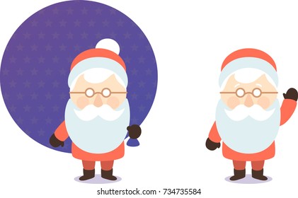 the Cartoon santa claus with bag of gifts, postcard, flat design, Chibi