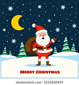 Cartoon Santa Claus with a bag in a snowy night, and text 'Merry Christmas'