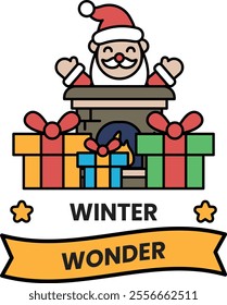 A cartoon of Santa Claus with a banner that says Winter Wonder. The banner is yellow and has a ribbon