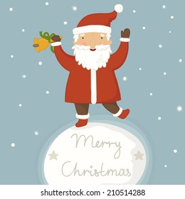 Cartoon Santa Claus with a bell in his hand. Christmas card