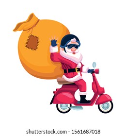 cartoon santa claus with big bag on a motorcycle over white background, vector illustration