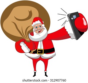 Cartoon santa claus with big sack taking selfie with smartphone isolated