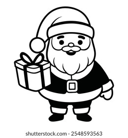 Cartoon Santa Claus Schwarz-Weiß-Linie Zeichnung Symbol Vektor mit Geschenkbox.