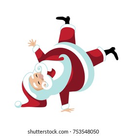 Cartoon Santa Claus break dancing or doing a cartwheel. Humorous illustration for Christmas. EPS 10 vector illustration.