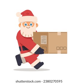 Cartoon Santa Claus carries a cardboard box. Christmas delivery concept