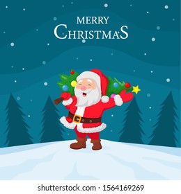 Cartoon santa claus carrying christmas tree