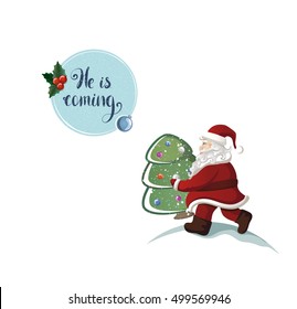 cartoon Santa Claus is carrying the christmas fir tree with holiday text. holiday greeting card
