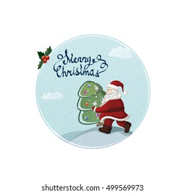 cartoon Santa Claus is carrying the christmas fir tree with holiday text. holiday greeting card
