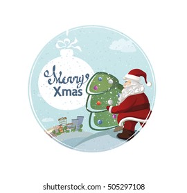 Cartoon Santa Claus is carrying the christmas fir tree with holiday text. holiday greeting card
