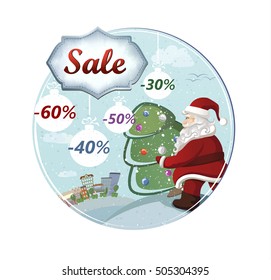 cartoon Santa Claus is carrying the christmas fir tree with holiday text. The concept of holiday sale.

