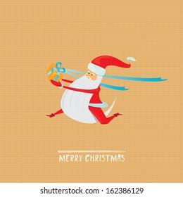 Cartoon Santa claus carrying gift on vintage paper background . Vector illustration for christmas card.