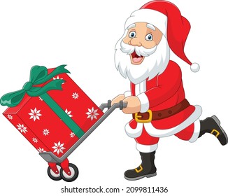 Cartoon santa claus carrying a gifts in trolley pushcart