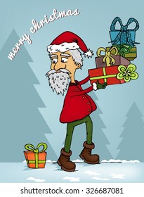 Cartoon Santa Claus carrying many presents and one of them fell down (vector)