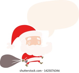 cartoon santa claus carrying sack of presents with speech bubble in retro style
