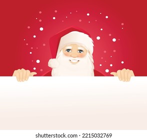 Cartoon Santa Claus character behind blank board. Vector Christmas illustration isolated on red snowing background. 