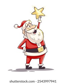 Personaje de dibujos animados de Santa Claus sosteniendo una estrella brillante en la mano. Brilla poco como Navidades simbólicas de la celebración de Eve Festiva y Feliz Año Nuevo. Clipart aislado sobre fondo blanco. Vector ilustrati