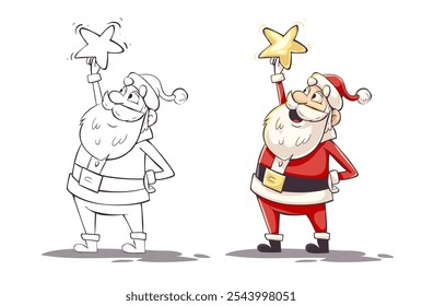 Personaje de dibujos animados de Santa Claus sosteniendo una estrella brillante en la mano. Centellea el pequeño símbolo de la estrella de las Navidades Festiva, celebración del feliz año Nuevo. Clipart para colorear libro. Aislado. Ilustración vectorial.