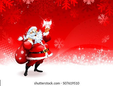 Cartoon Santa Claus character holding a present. Christmas background design, vector illustration